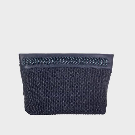 Latte L Raffia Pouch Bag Blue